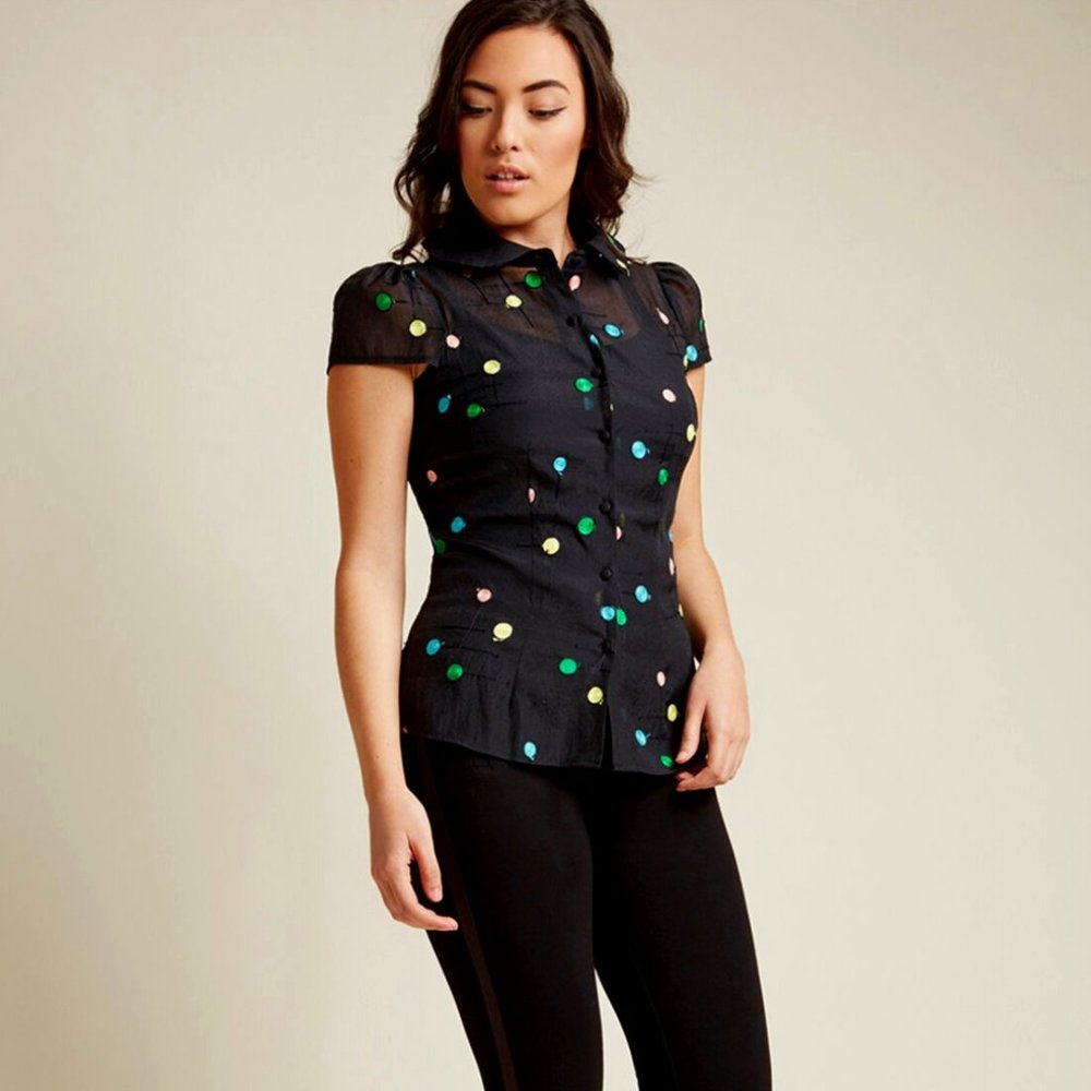 Modcloth Retro Dots Embroidered Semi-Sheer Blouse
